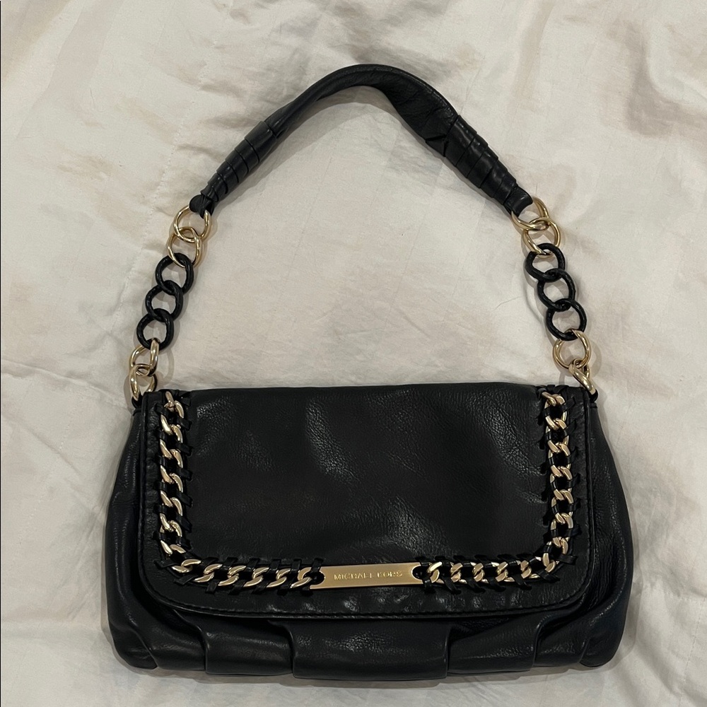 Michael Kors Collection Black Leather Shoulder Bag with Gold Chain